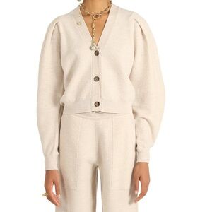 Ulla Johnson Madelyn Short V-Neck Puff Sleeve Wool Cardigan Pink Cream Medium